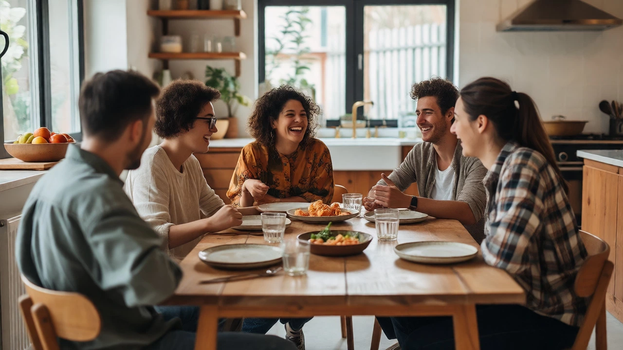 Friends sharing a meal in a bright, tidy minimalist kitchen