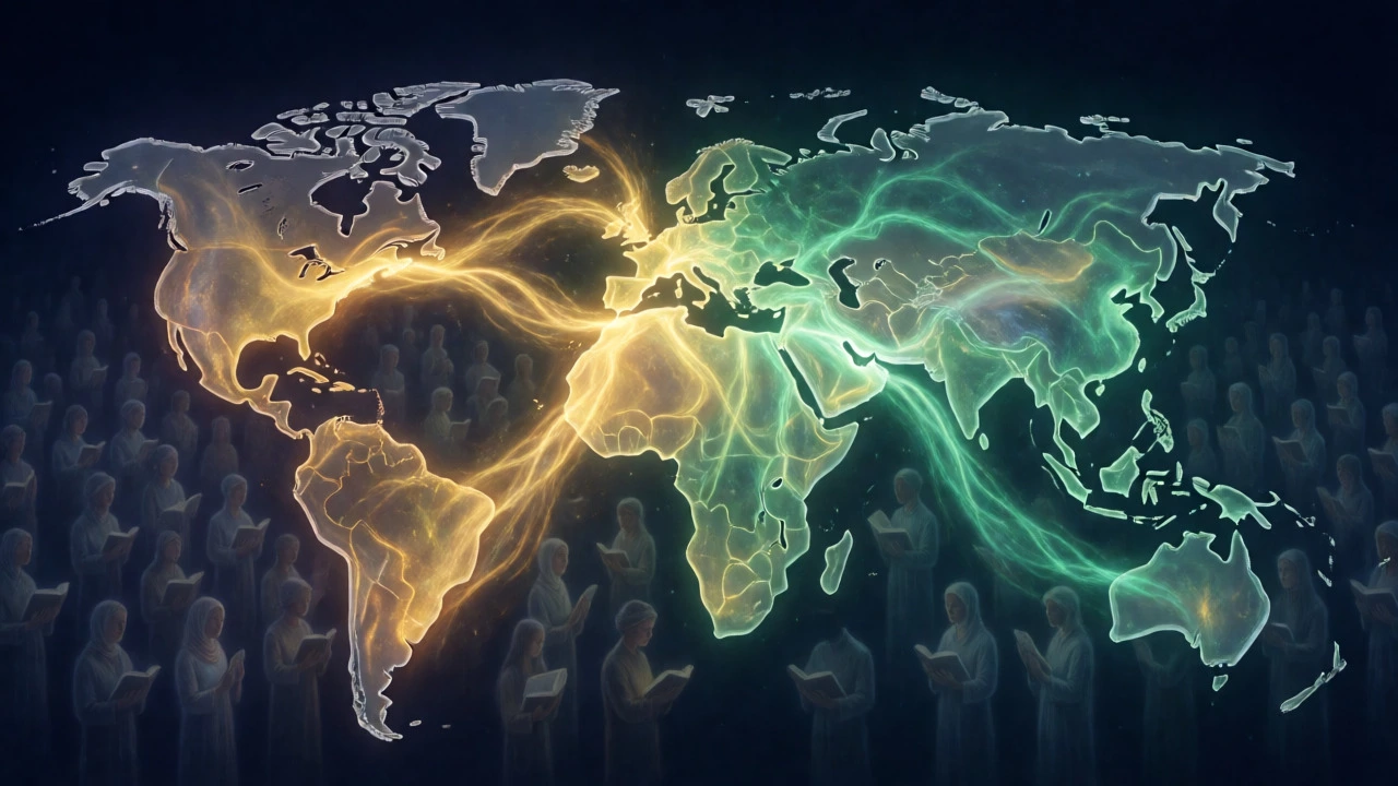 Global map with glowing golden and green light streams illustrating the spread of the Bible and Quran.