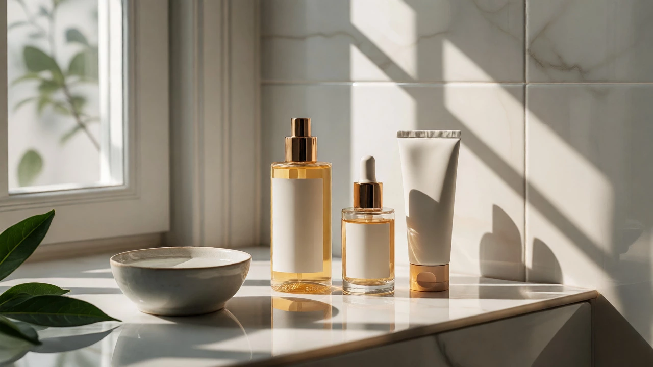 Minimalist arrangement of cleanser, serum, and sunscreen on a vanity