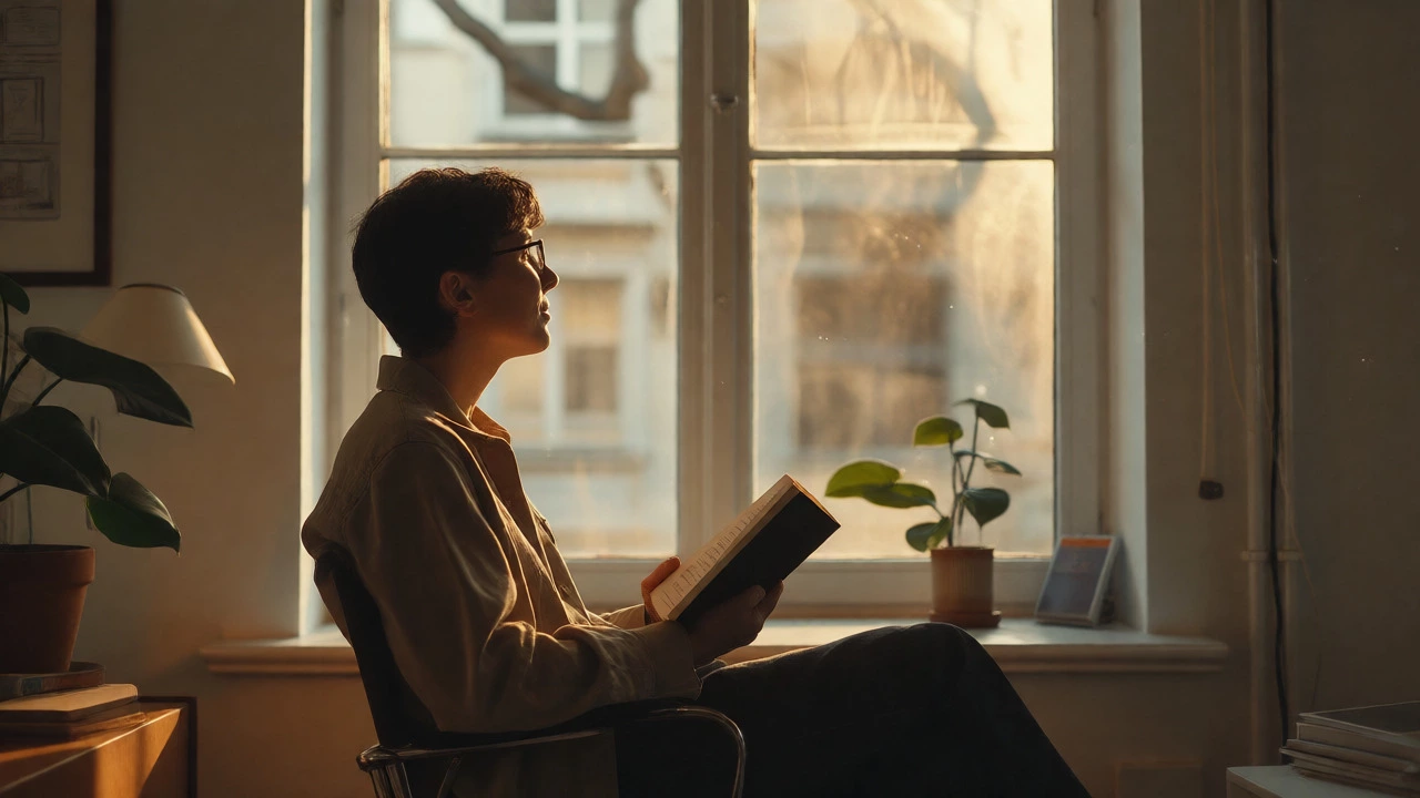 Person reading by a window in a calm, uncluttered home