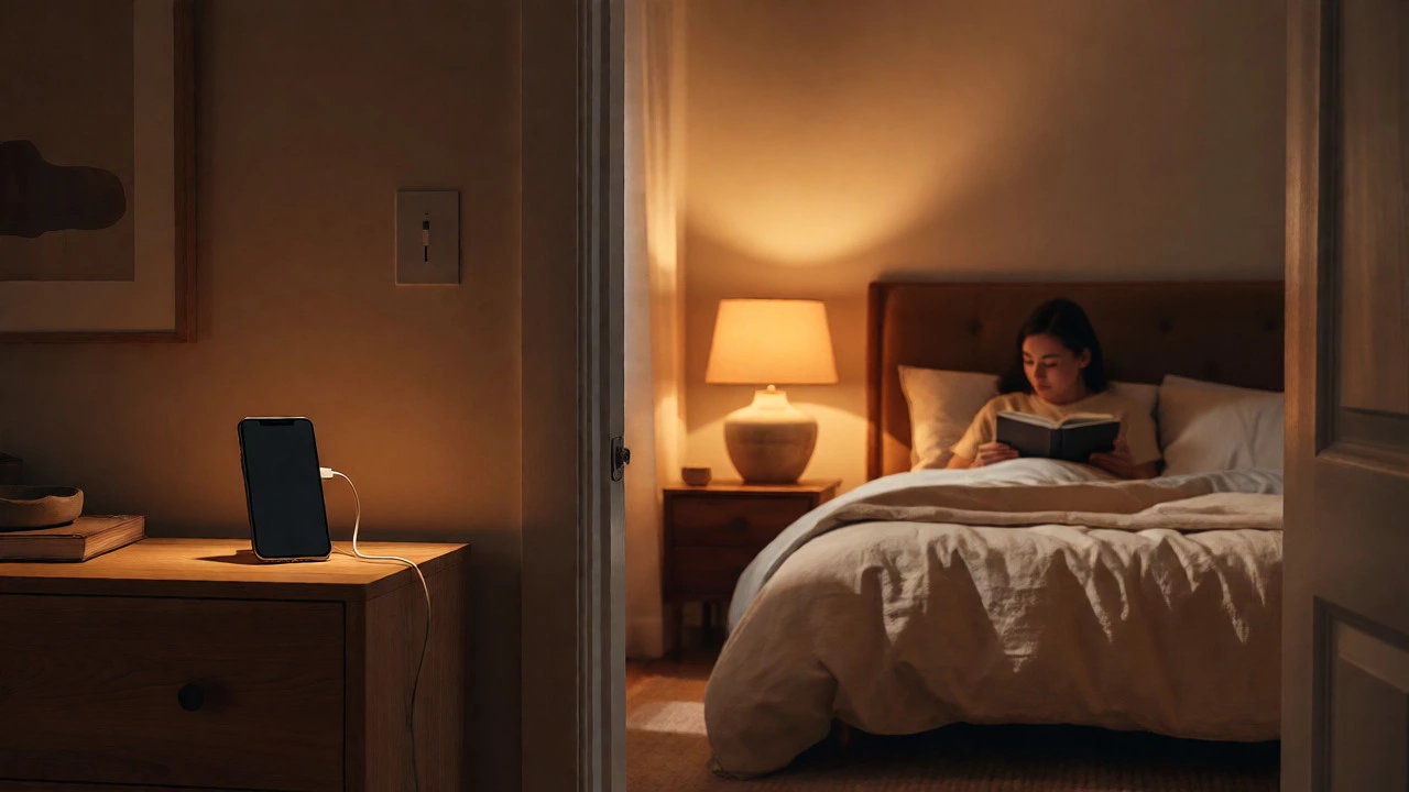 Person reading in bed with phone charging outside the door, promoting better sleep hygiene.
