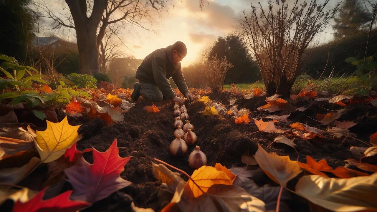 Planting tulip bulbs in autumn garden