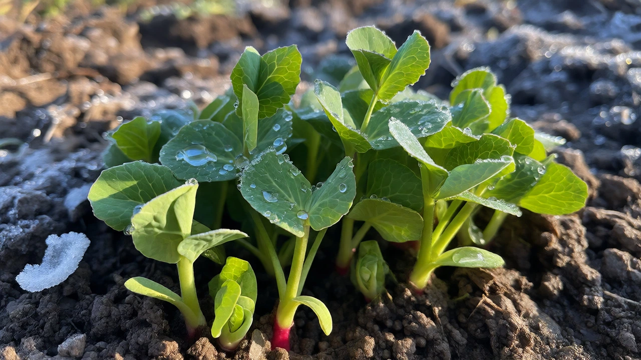 Radish sprouts emerging from frosty ground