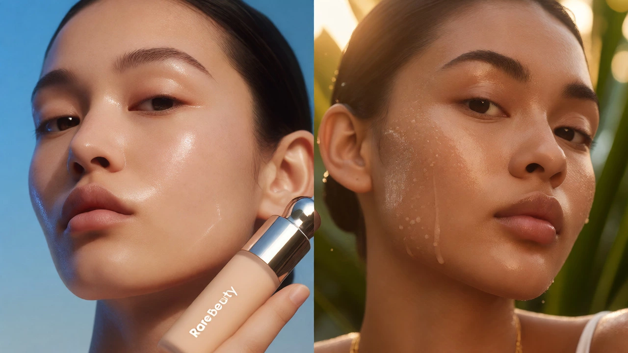Split view comparing hydrating makeup in cool weather vs. long-wear in humidity.