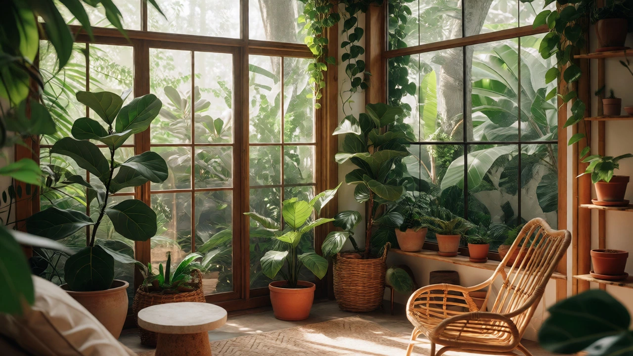Sunlit reading nook with biophilic design elements including indoor plants, rattan furniture, and large garden views.