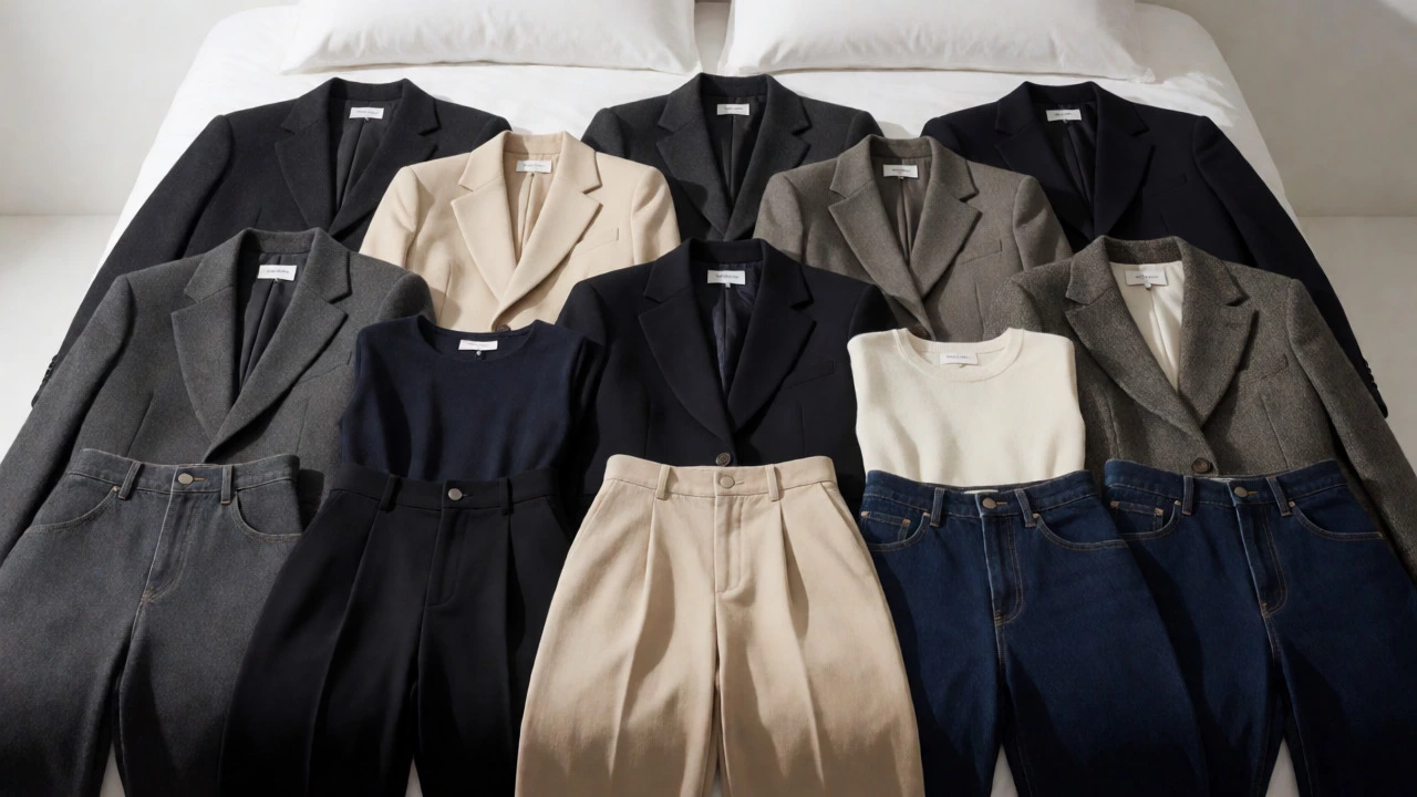 Ten curated outfit combinations laid out neatly on a bed