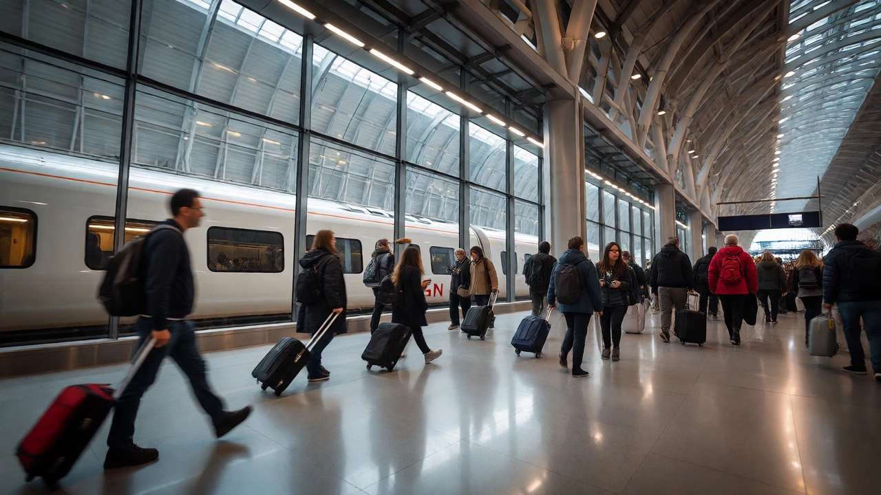 Travelers moving through a busy modern British train station