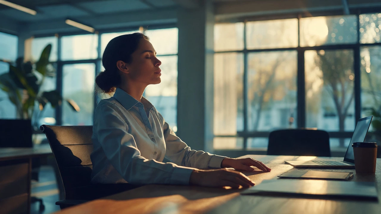 Woman breathing deeply at an office desk in sunlight