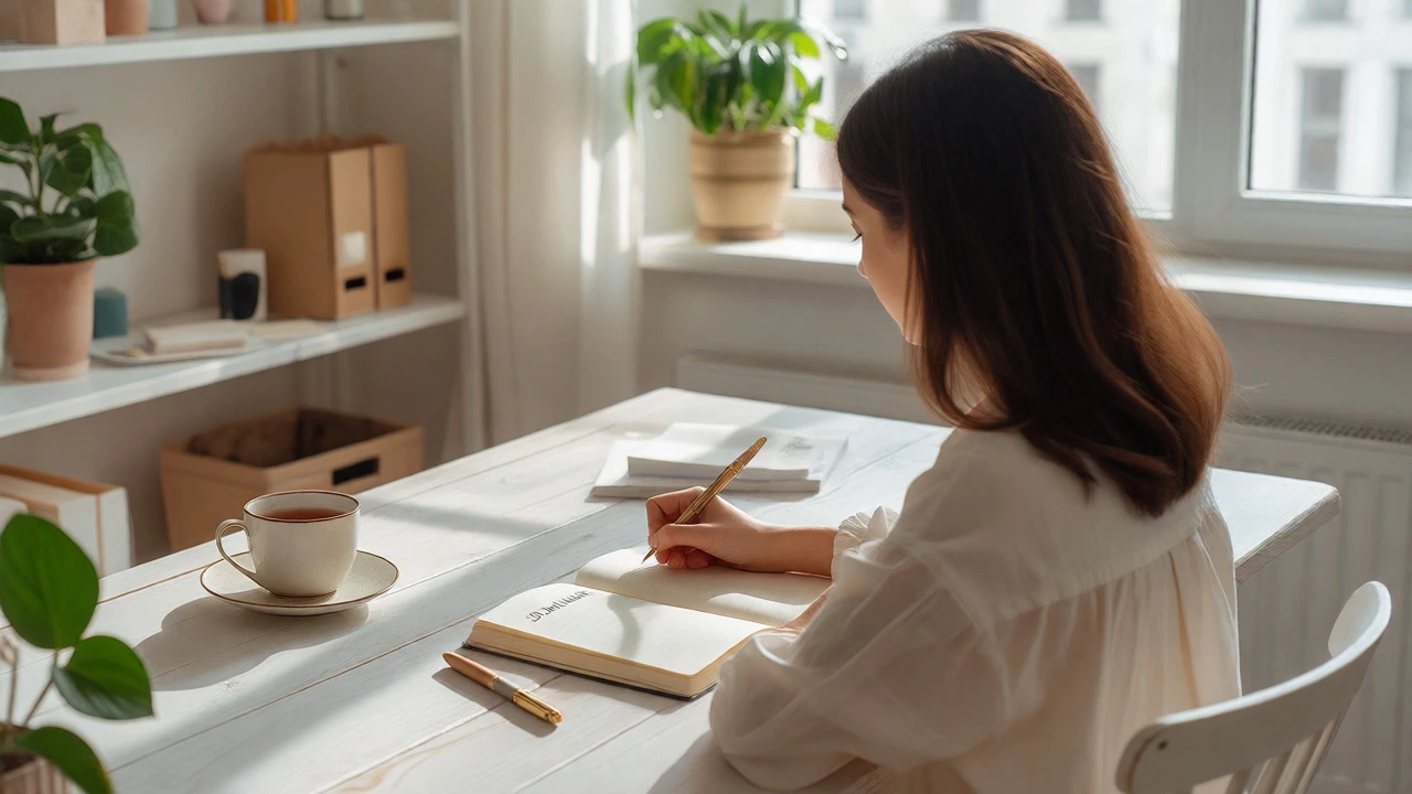 Woman writing in a notebook in a tidy minimalist workspace