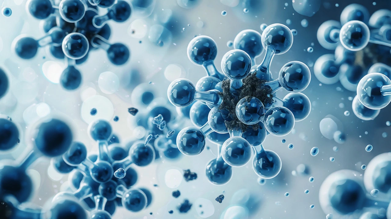Abstract macro visualization of micelle molecules trapping dirt and oil particles in a clear solution.