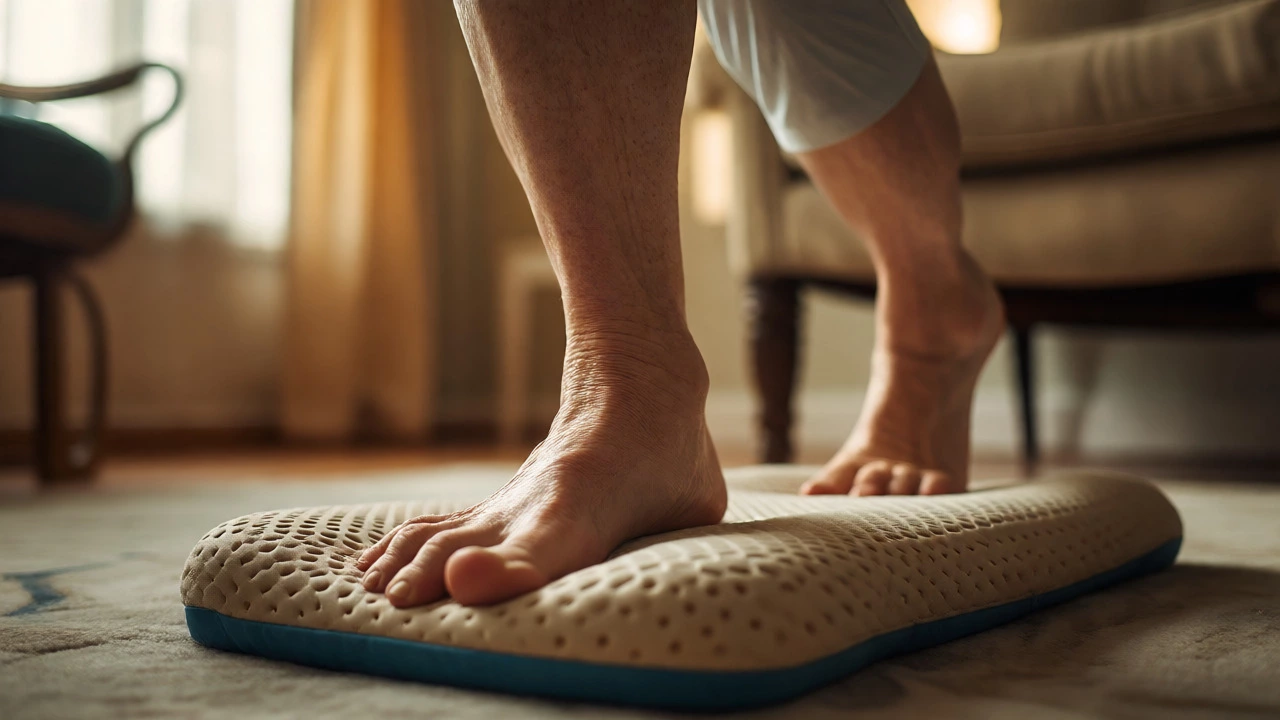 Close-up of feet balancing on a foam pad