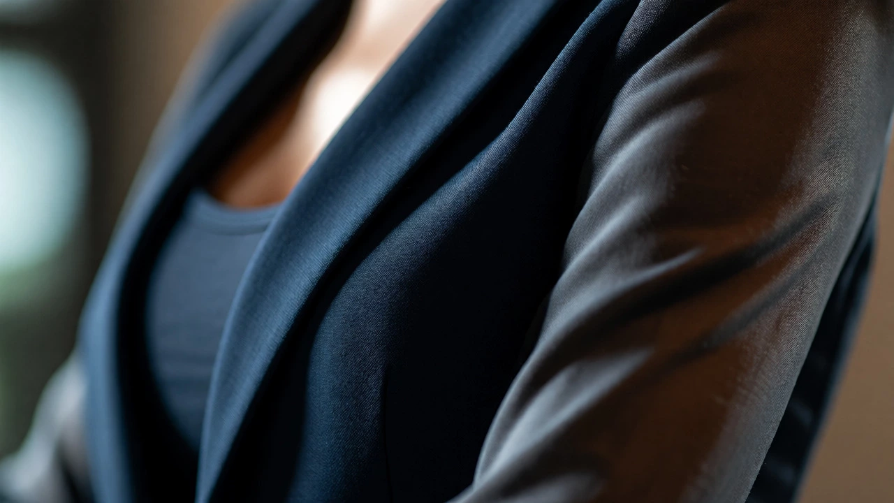 Close-up of tailored blazer on toned arms highlighting fit and fabric