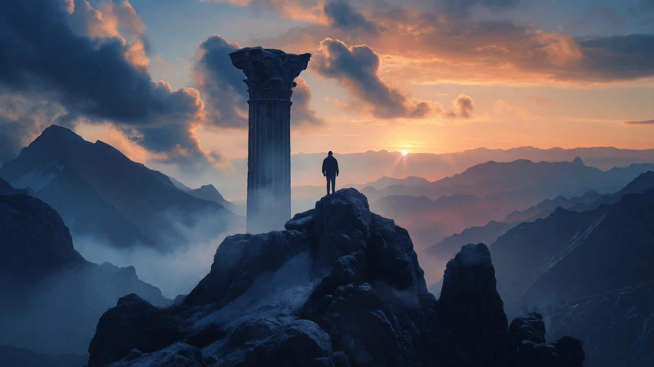 Conceptual image of a figure on a mountain peak merging with classical architecture