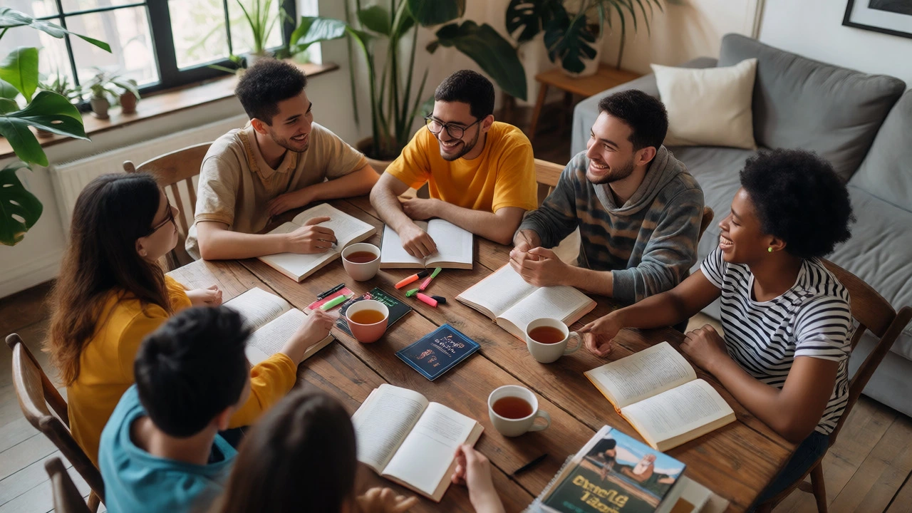 Diverse friends discussing books around a table in a cozy home