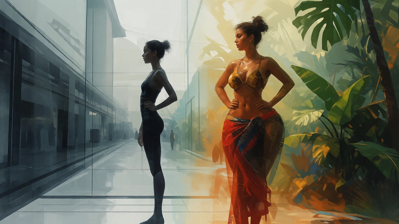 Double exposure contrasting slim and curvy women from different cultures