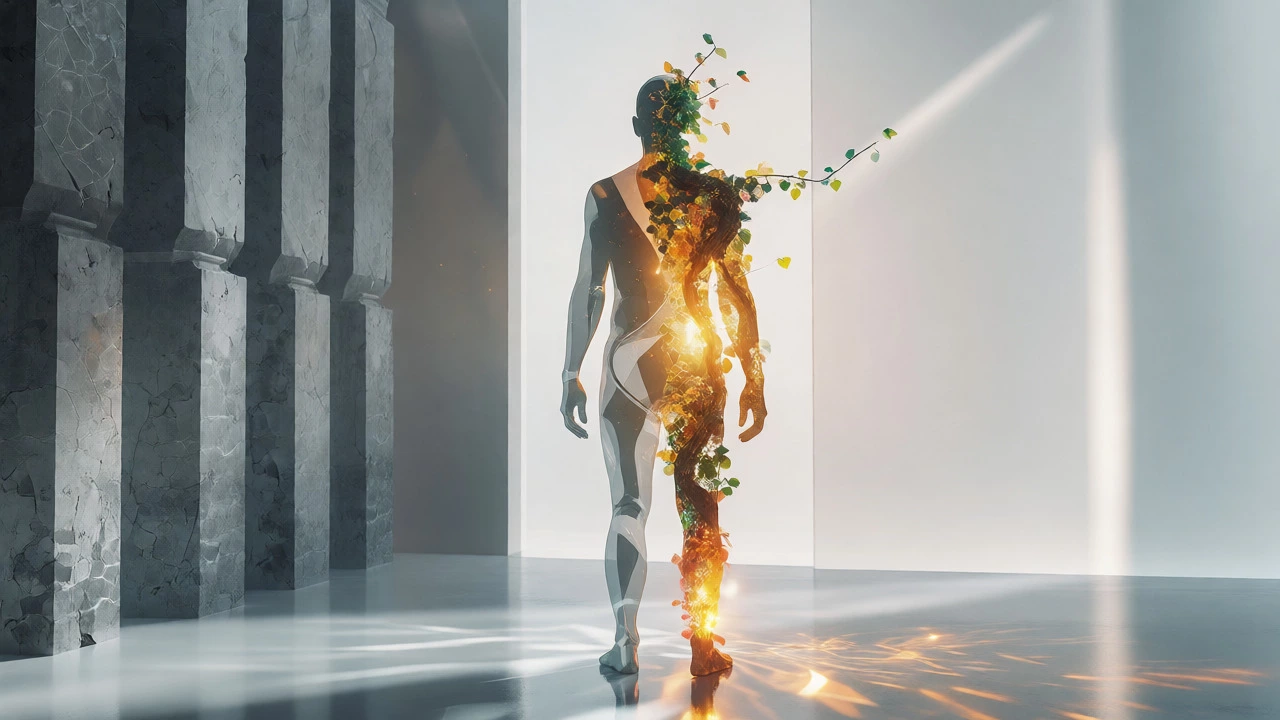 Glass human silhouette showing fixed vs growth mindset internal states.