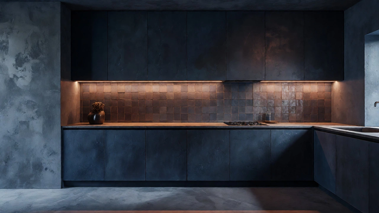 Moody navy and charcoal kitchen with under-cabinet lighting and terracotta accents