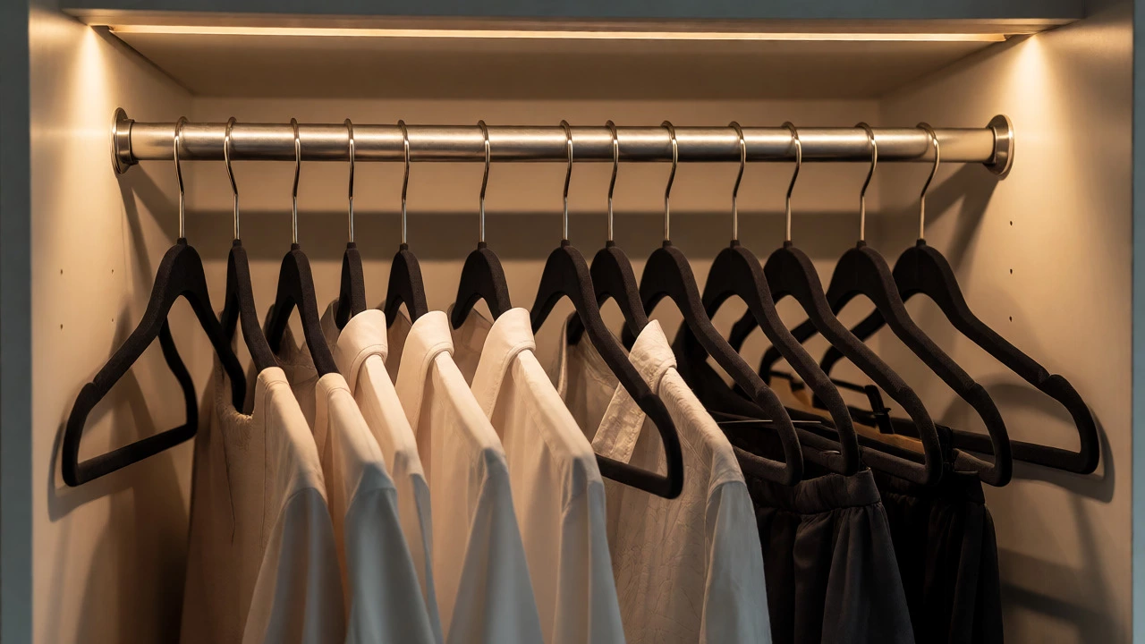 Neatly hung clothes on uniform velvet hangers with dual rods for optimized space.