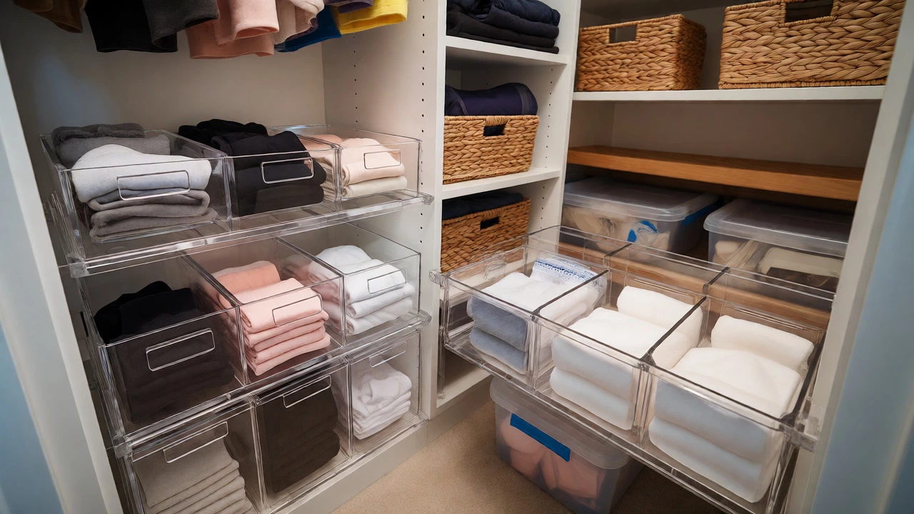 Organized closet drawers with clear dividers and matching baskets for small items.