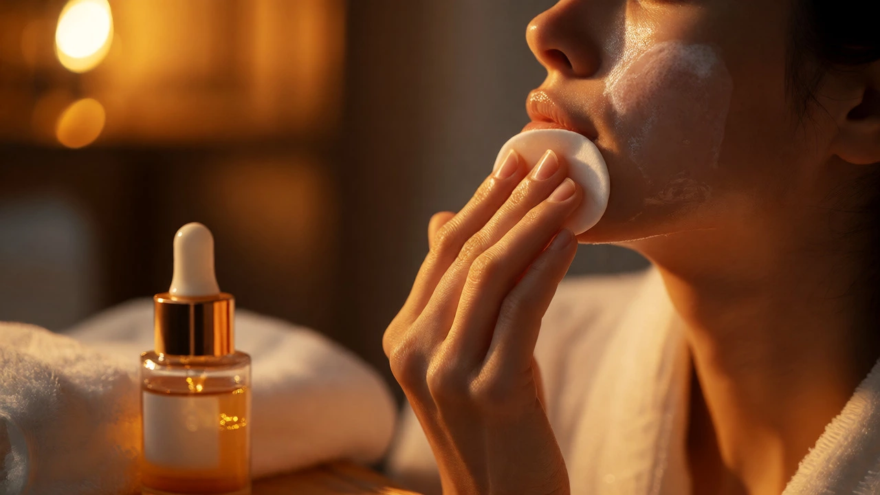 Person applying toner to face with a cotton pad during a relaxing evening skincare routine.