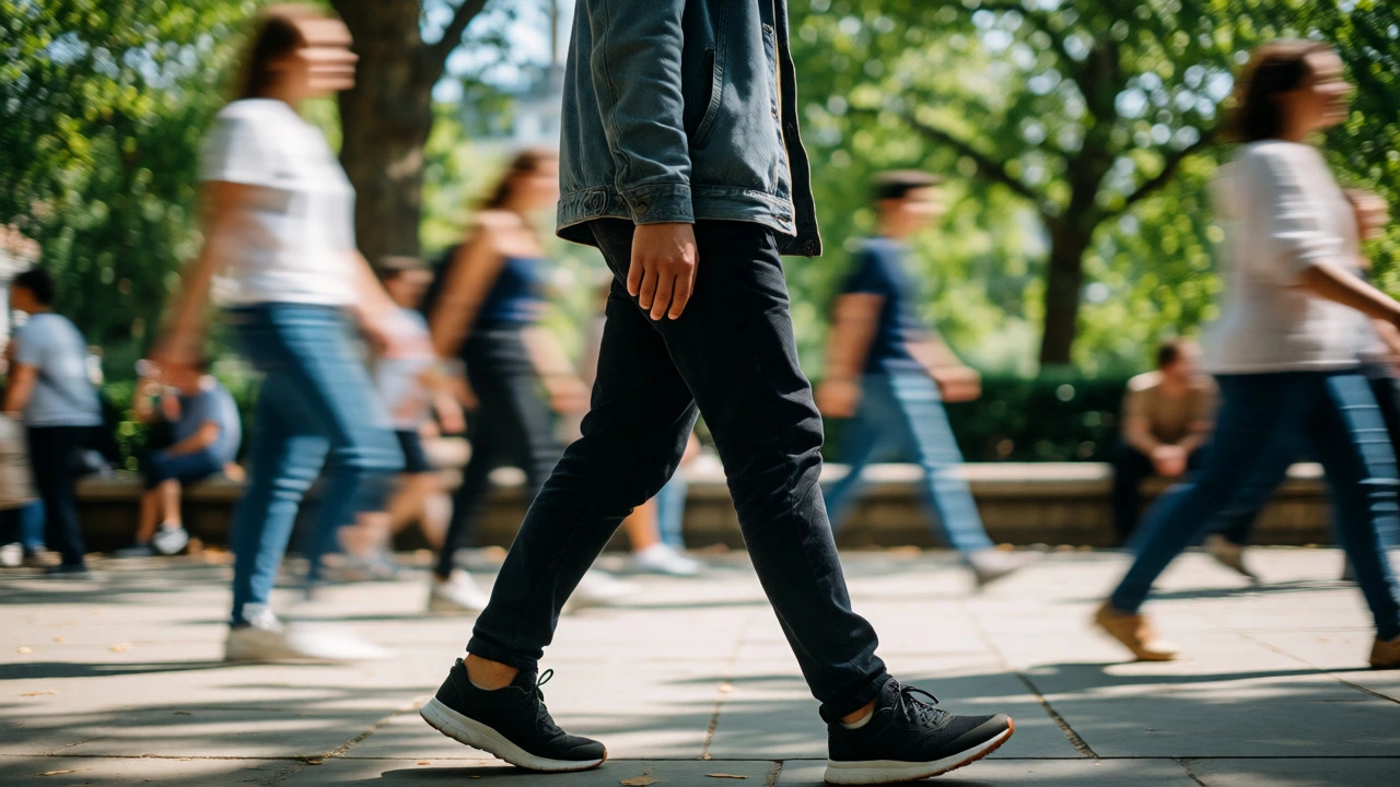 Person mindfully walking in park while city crowd blurs in background