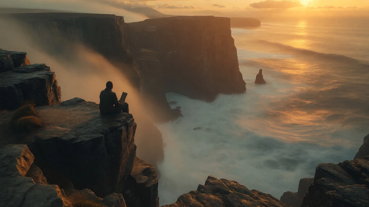 Person reading on a cliff edge at sunrise symbolizing resilience