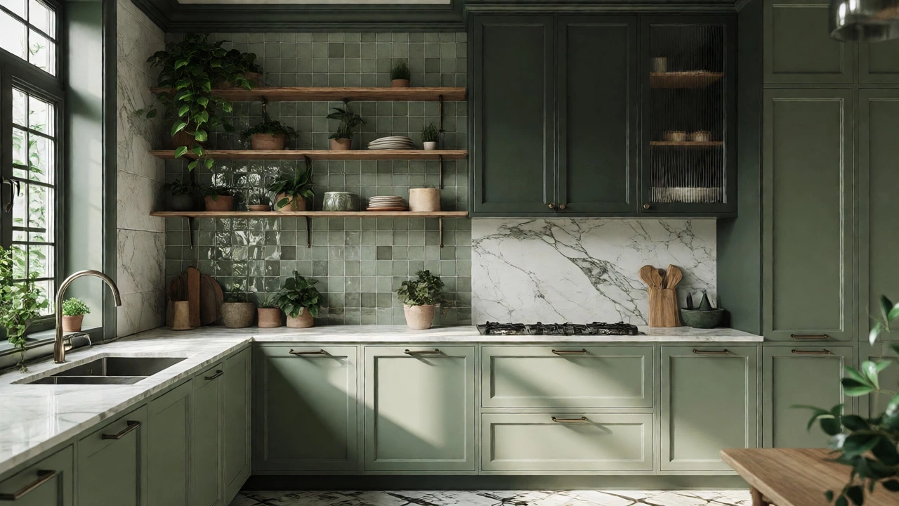 Sage green kitchen with marble counters and open shelving filled with plants