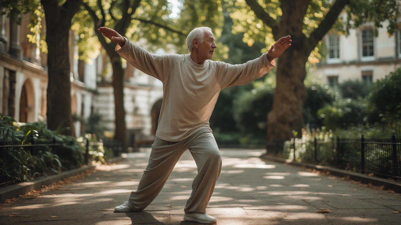 Senior man practicing Tai Chi in a park