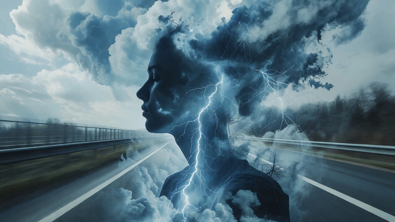 Silhouette filled with storm clouds representing inner turmoil