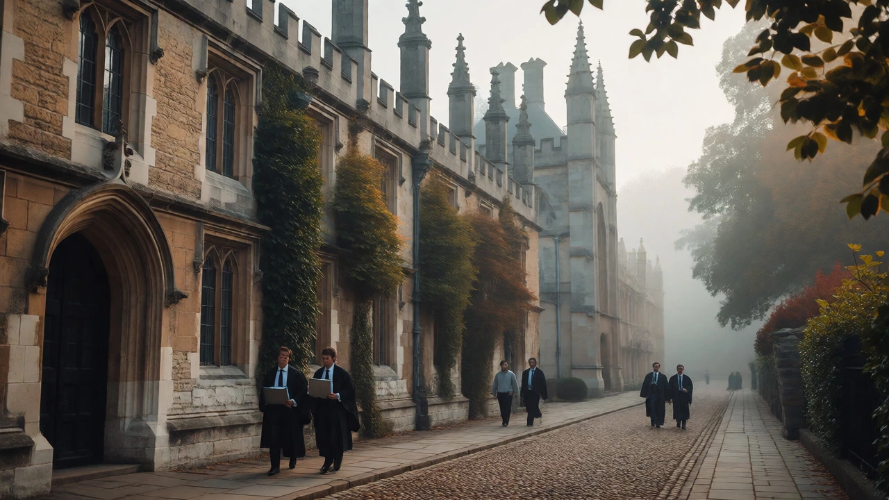 Students walking through misty historic Oxford university grounds in autumn