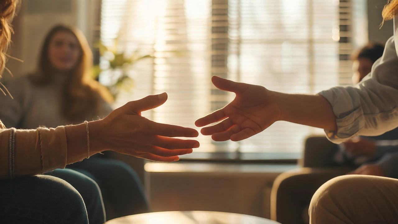 Two hands reaching out for support in sunlight