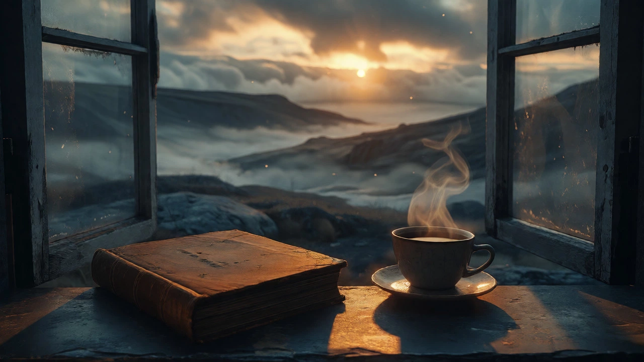 Worn book and tea on a windowsill overlooking a misty mountain dawn.