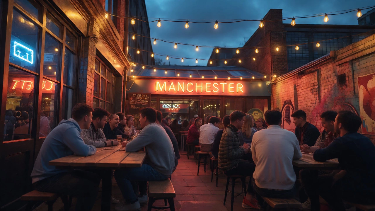 Young professionals socializing outdoors in Manchester's Northern Quarter at night